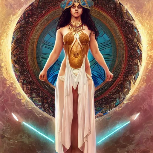 Image similar to epic masterpiece full body portrait of a beautiful Atlantean priestess, highly detailed, digital painting, artstation, concept art, sharp focus, illustration, art by artgerm and greg rutkowski and alphonse mucha