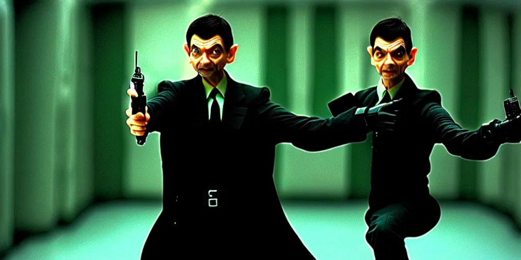 Prompt: hyper realistic, production still of neo ( ( mr. bean ) ) in movie, the matrix ( 1 9 9 9 ), 4 k, highly detailed, anamorphic