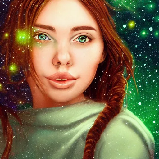 Image similar to an hd photo of a young woman with brown hair, green eyes. background of beautiful trees and night sky with multicolor stars and galaxies, trending on artstation