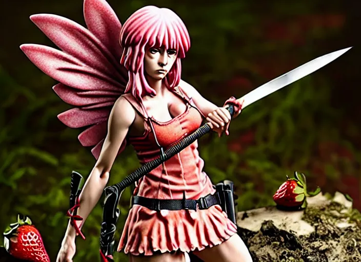 Prompt: a dramatic femo figurine of a cute funny spear wielding strawberry fairy survivalist with bandages wearing a dirty floral torn strawberry dress featured on the walking dead by kentaro miura and gamesworkshop, carrying survival gear, wearing strawberry backpack, using a modelling knife as a spear, dark foreboding atmosphere, 🎀 🗡 🍓 🧚