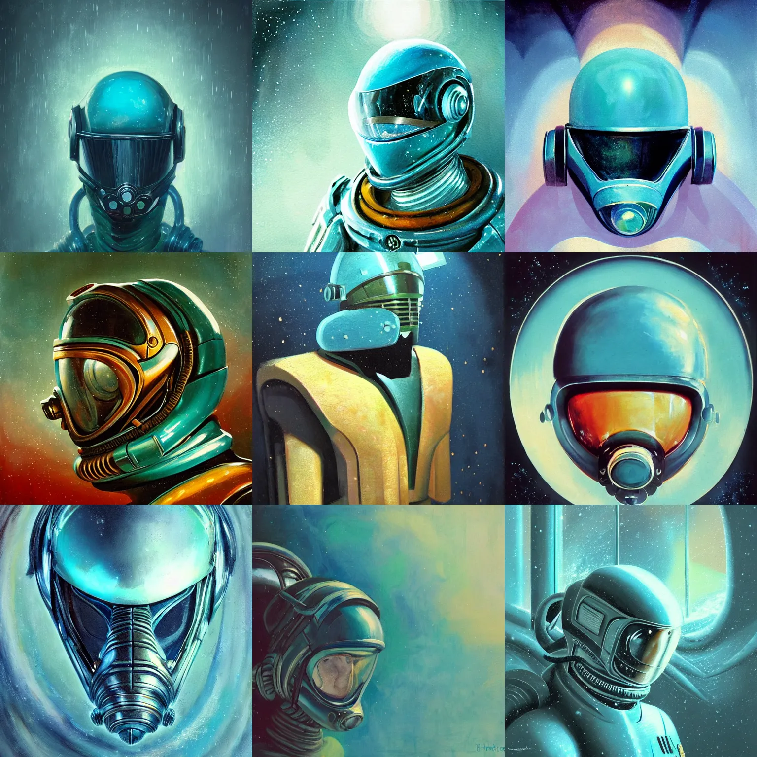 Prompt: , 1 9 5 0's, art deco style, sci - fi pilot,'aliens ', full mask, oil paint concept art, alchemic, snow, teal palette, vibrant volumetric cinematic lighting