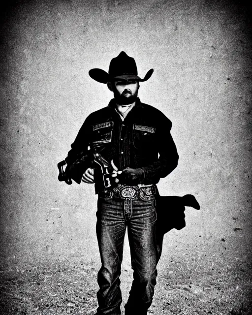 Image similar to portrait of cowboy holding realistic symmetrical colt single action army revolver, black and white polaroid, western, high production value, intricate details, high resolution, hyperrealistic, hdr, high definition, award winning photography, masterpiece, ultra realistic, highly detailed, hd, sharp focus, cinematic lighting, shaded, non blurry, sharp, smooth