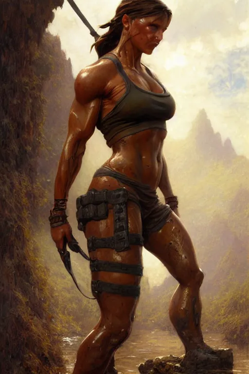 Prompt: muscular sweat lara croft, standing on river, covers with mud exhausted face close up, highly detailed painting by gaston bussiere, craig mullins, j. c. leyendecker 8 k