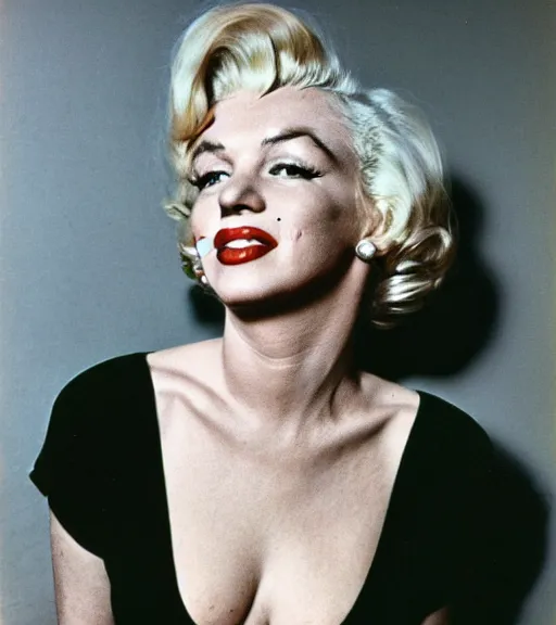 Image similar to 1960s color photograph of Marilyn Monroe no makeup, casual setting, getty image, candid moment, kodak film