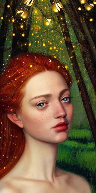 Image similar to an astonished young woman surrounded by golden firefly lights in a mesmerizing scene, sitting amidst nature fully covered, intricate detailed dress, long loose red hair, precise linework, accurate green eyes, small nose with freckles, smooth oval head, expressive emotions, hyper realistic ultrafine portrait by artemisia gentileschi, jessica rossier, artgerm