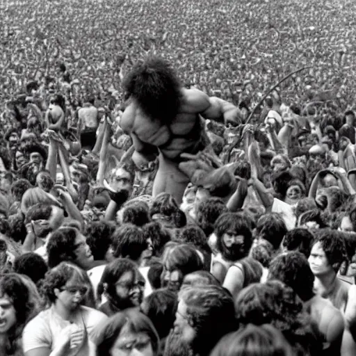 Image similar to hulk performing at woodstock, crowd of people