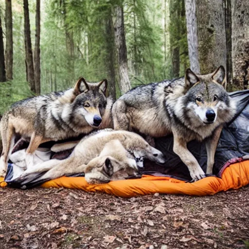 Prompt: a pack of wolves in a forest surrounding a sleeping bag