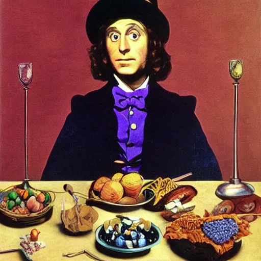 Prompt: Willy Wonka in Charlie and the Chocolate Factory painted by Caravaggio. High quality.