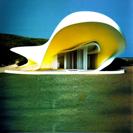 Image similar to architecture ad for a mid-century modern house by the beach, designed by Zaha Hadid. Shell. Film grain, cinematic, colorized, yellow hue