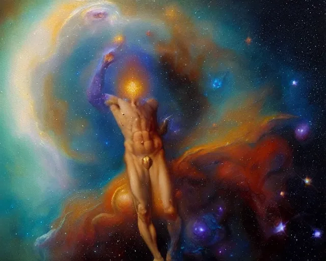 Image similar to cosmic person nebula, an oil painting, by ( leonardo da vinci ) and greg rutkowski and rafal olbinski ross tran airbrush time magazine