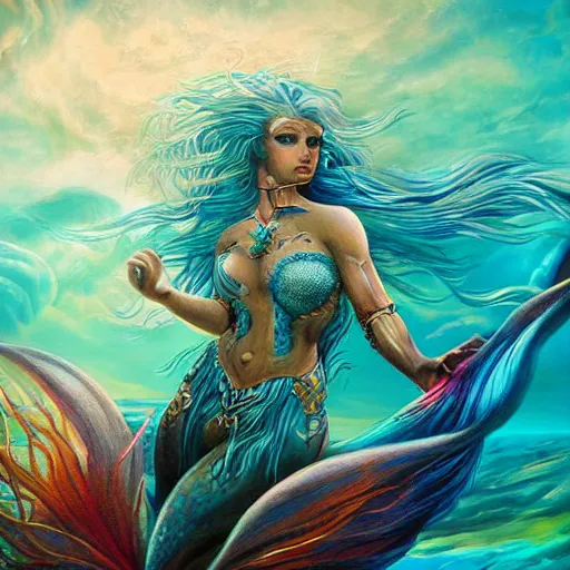 Image similar to warrior sea merfolk goddess full frame casting a spell, beautiful composition, wide angle, colorful, cinematic, volumetric lighting, intricate details painting