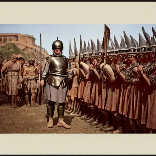 Image similar to photograph of a roman soldier in front of his army, ancient rome, movie picture, colour photograph