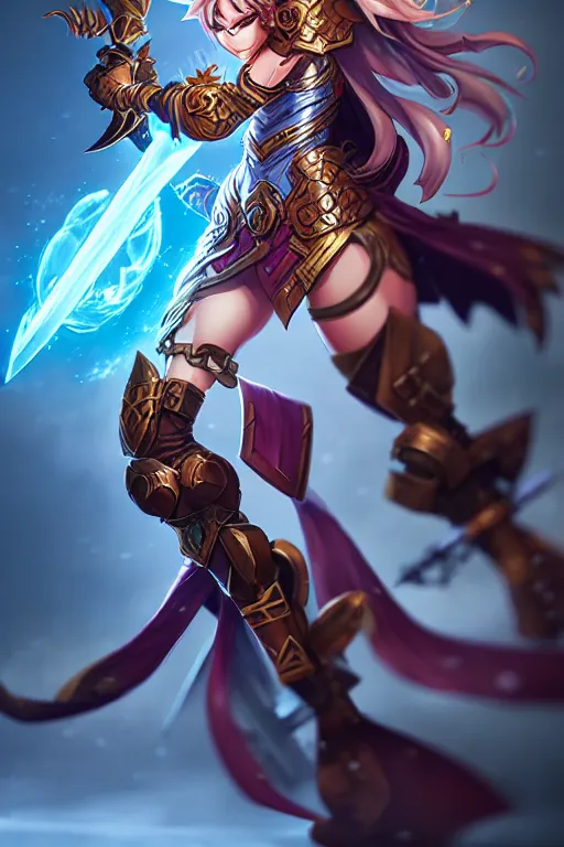 Image similar to sakimi chan, fantasy armor, action pose, detailed face, dynamic lighting, tony sart