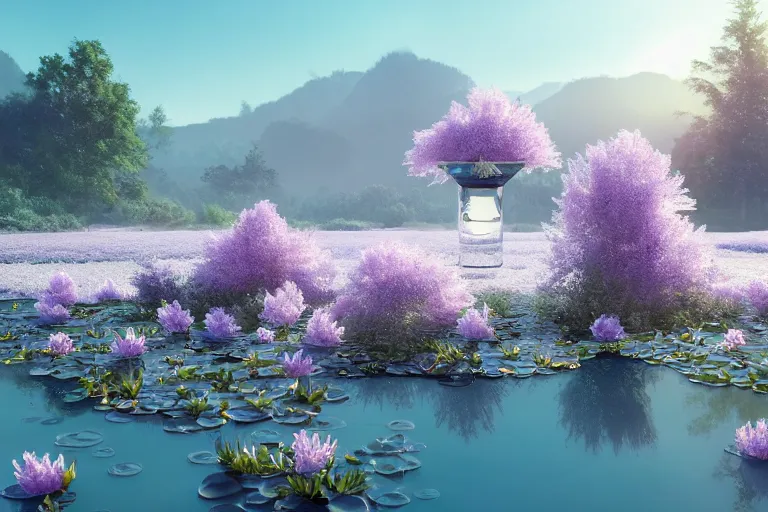 Image similar to perfume bottle standing on lilipads in a cool blue frosted pond, dramatic, mid day, frosty mountain background, soft lilac skies, large scale, hyperrealistic, lots of detail, realistic lighting, octane render, by wlop, artgerm, trending on artstation