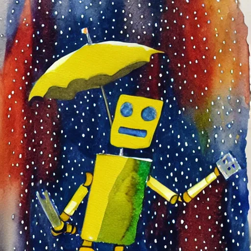 Prompt: robot dancing in the rain, watercolor