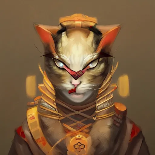 Image similar to cat as a samurai, background dark, highly detailed, digital illustration, trending in artstation, modern painting, smooth, sharp focus, intricate, by peter mohrbacher