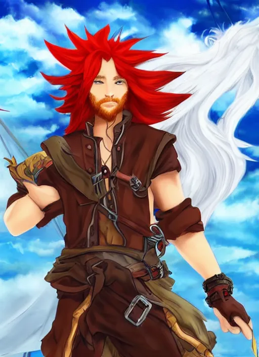 Image similar to An epic fantasy pokemon anime style portrait of a long haired, red headed male sky-pirate in front of an airship
