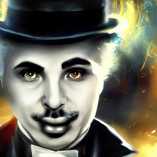 Image similar to portrait of charlie chaplin as a spellcaster, league of legends amazing splashscreen artwork, splash art, natural light, elegant, photorealistic facial features, intricate, fantasy, detailed face, atmospheric lighting, anamorphic lens flare, cinematic lighting, league of legends splash art, hd wallpaper, ultra high details by greg rutkowski