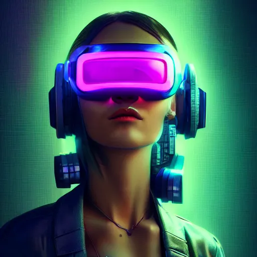 Image similar to cyberpunk concept cool girl cyborg bot, cinema 4 d, galaxy, ufo, space sci - fi, wearing vr goggles, illustration, portrait, pastel neon textured background night, trending on artstation, greg rutkowski, octane rendered, 1 2 k, detailed,