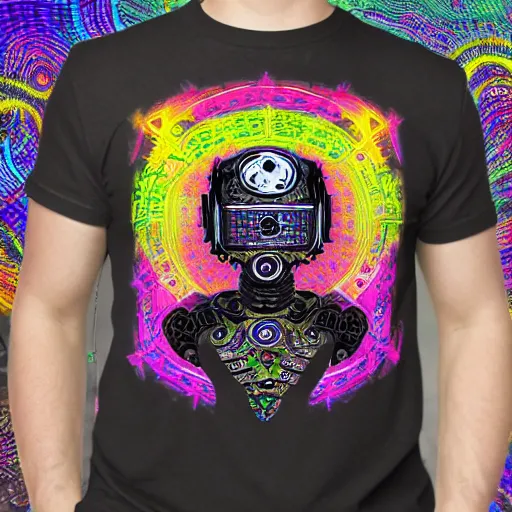 Image similar to mockup of a black tshirt with a hyperdetailed portrait of a steampunk robot on lsd, 8 k, symetrical, flourescent colors, happy trippy mood, multicolored,