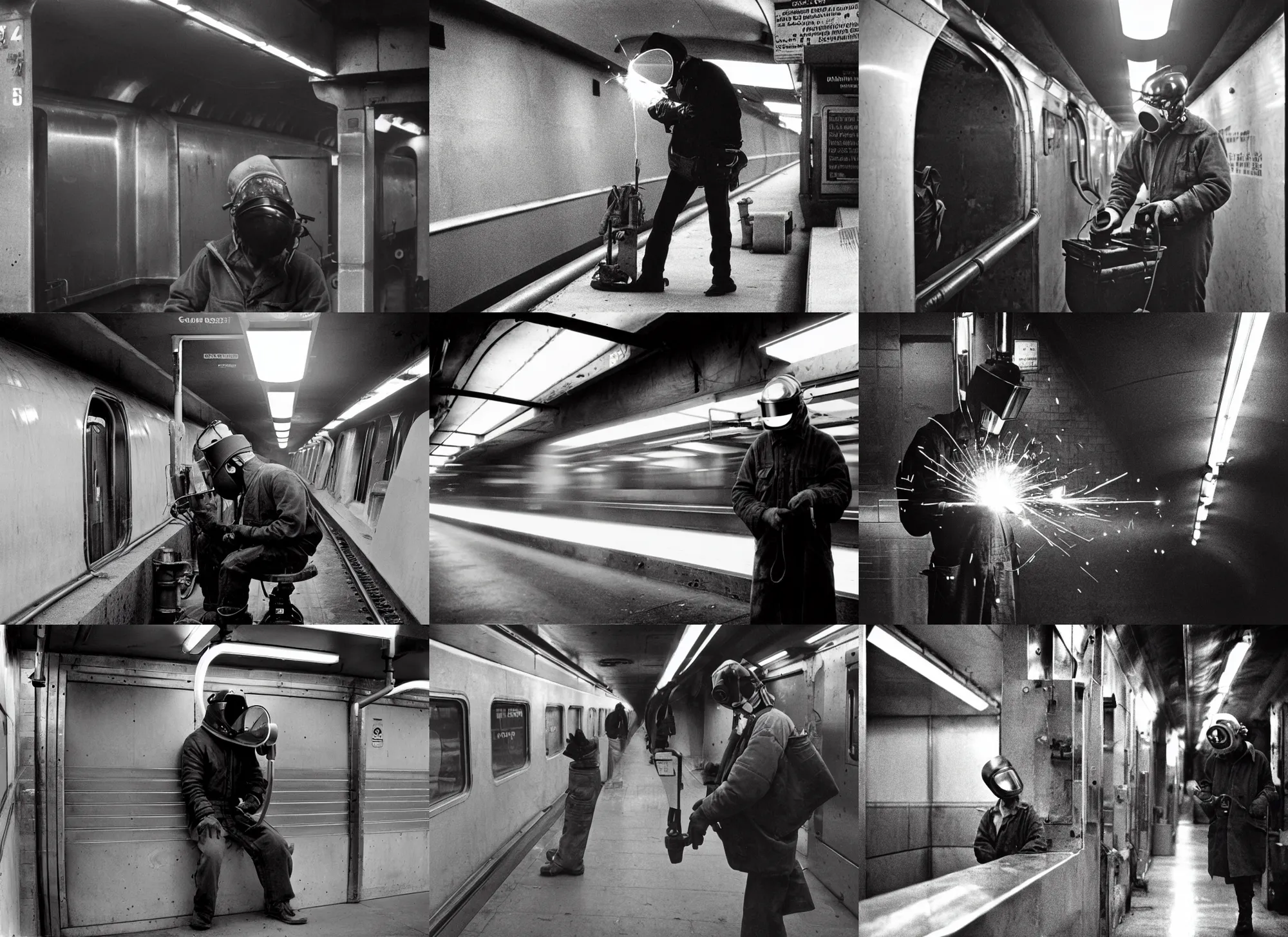 Prompt: welder in welding mask in the subway, by richard avedon, tri - x pan stock