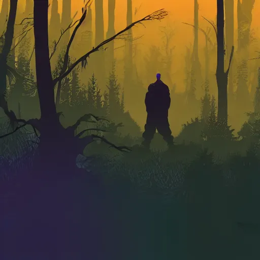 Image similar to in the style of max prentis and moebius and laurie greasley a silhouette of two young explorers wearing cyberpunk headpieces in the middle of an enchanting forest, long shot, highly detailed, 8k wallpaper