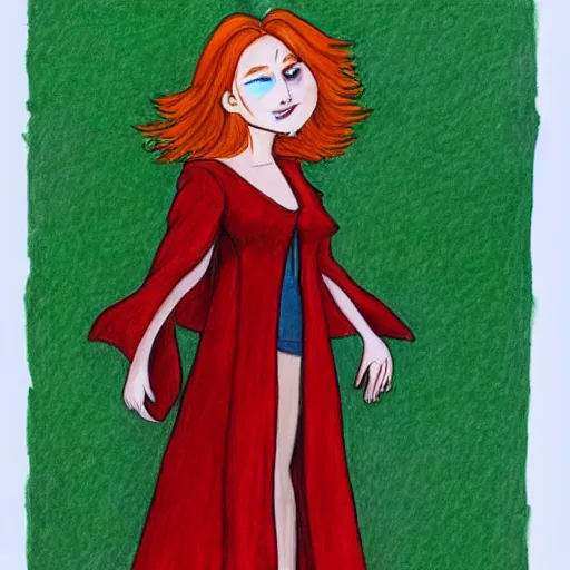 Prompt: full body detailed colored pencil drawing of a beautiful red haired sorceress with a beautiful face, wearing a green magician's robe