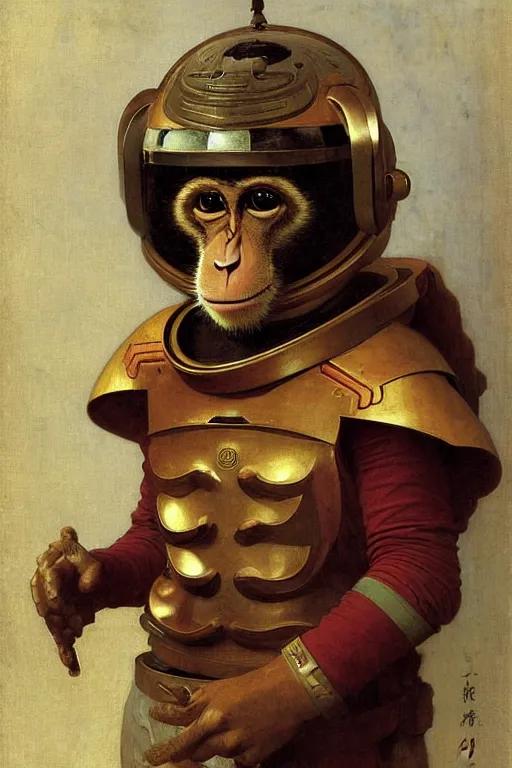 Prompt: portrait of a monkey astronaut with chinese dragon armor and helmet, majestic, solemn, by bouguereau