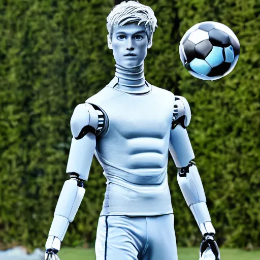 Image similar to a realistic detailed photo of a guy who is an attractive humanoid who is half robot and half humanoid, who is a male android, soccer player martin ødegaard, shiny skin, posing like a statue, blank stare, by the pool, on display, showing off his muscles, humanoid robot, frozen ice statue, made of ice