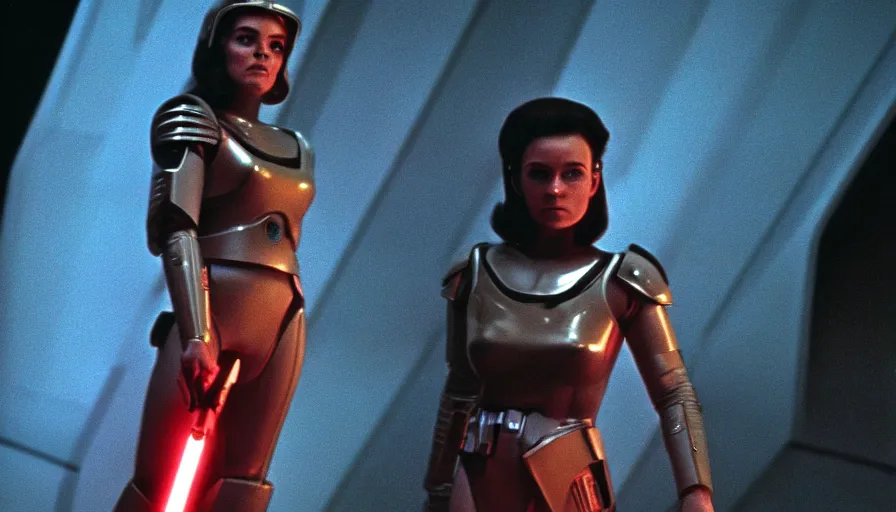 Prompt: 1 9 6 0 s movie still of a beautiful female valkyrie space marine, scifi, 2 0 0 1 a space odyssey, star wars, star trek, cinestill 8 0 0 t 3 5 mm, high quality, heavy grain, neon, cyberpunk, shadowrun, high detail, panoramic, cinematic composition, dramatic light, ultra wide lens, anamorphic, flares