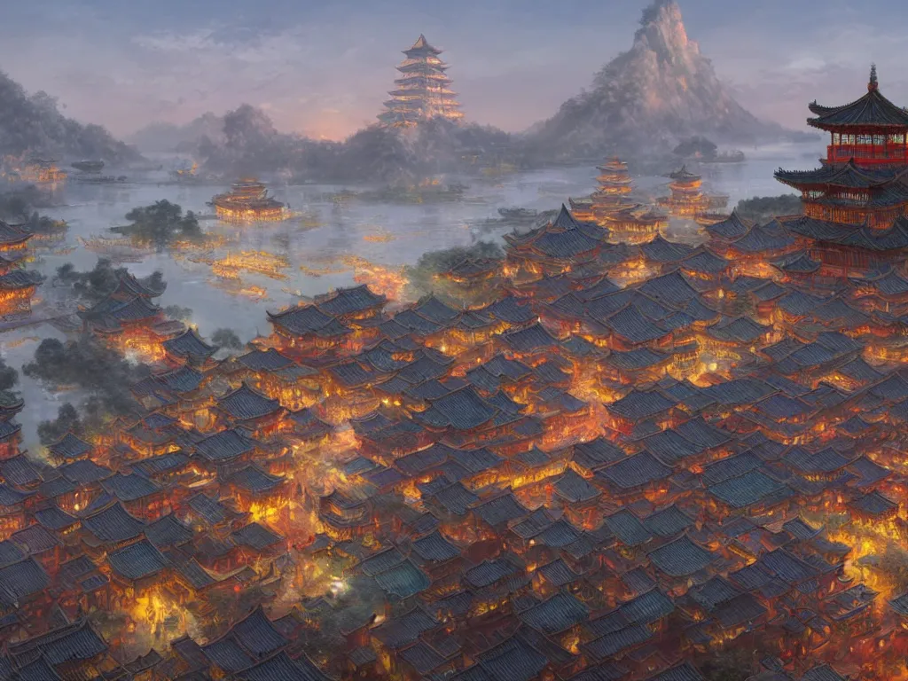 Image similar to ancient chinese city viewed from harbor, d & d digital painting, ultra realistic, beautiful, volumetric lighting, warm colors advance, cell shading, by james jean, greg rutkowski, yoann lossell, raphael lacoste