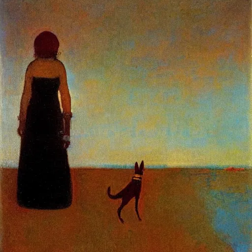 Image similar to a woman and her black and brown chihuahua by the sea by odilon redon