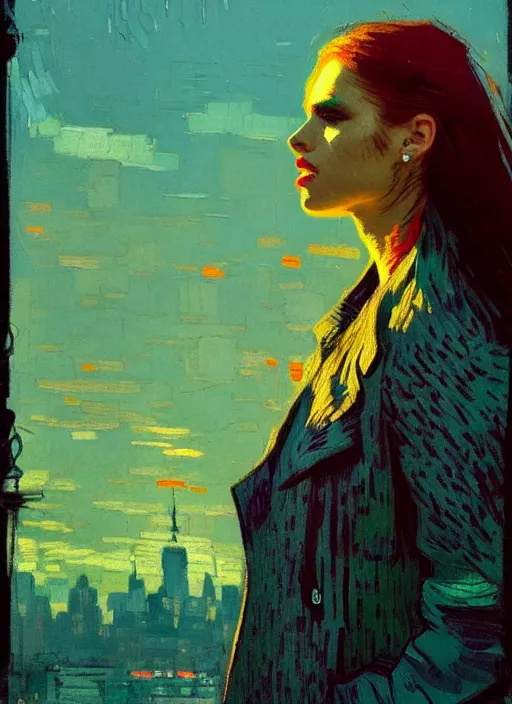 Image similar to portrait of a beautiful girl, new york backdrop, sad, sunset shades, beautiful face, rule of thirds, intricate outfit, spotlight, by greg rutkowski, by jeremy mann, by francoise nielly, by van gogh, digital painting