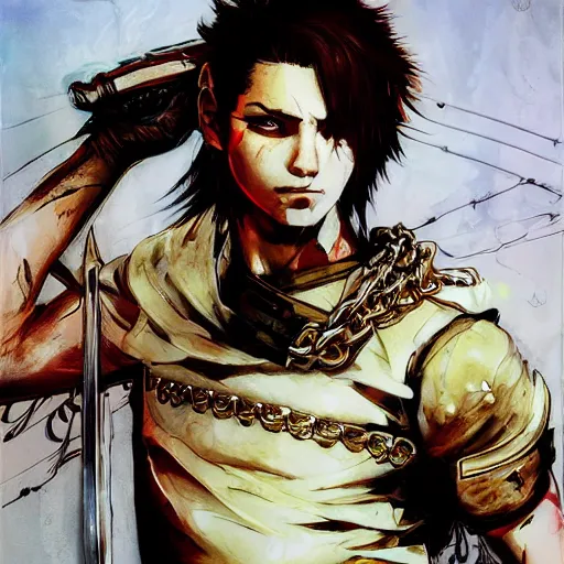 Prompt: portrait of a young white hero using his right arm to hold his sword covering his eye by yoji shinkawa, high quality, extra details, realism, ornate, colored, golden chain, blood, white skin, short hair, brown eyes, vivid, sunlight, headband, eyepatch, white american soldier, painting, proud, cybernetics, military