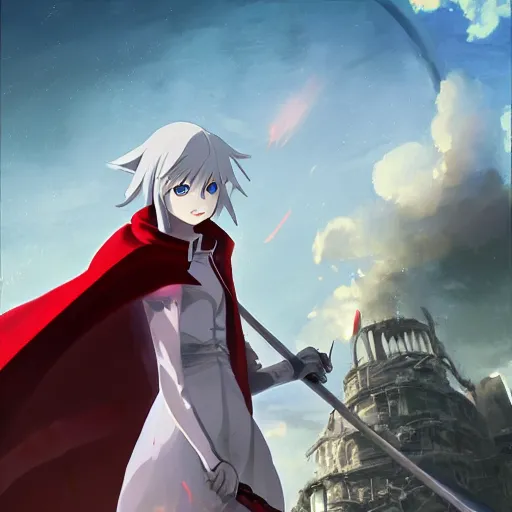 Prompt: advanced digital anime art, white haired girl with a red hooded cloak holding a 5 feet scythe fighting the Grimm reaper in a ruined city, filmic lighting , by Makoto Shinkai.