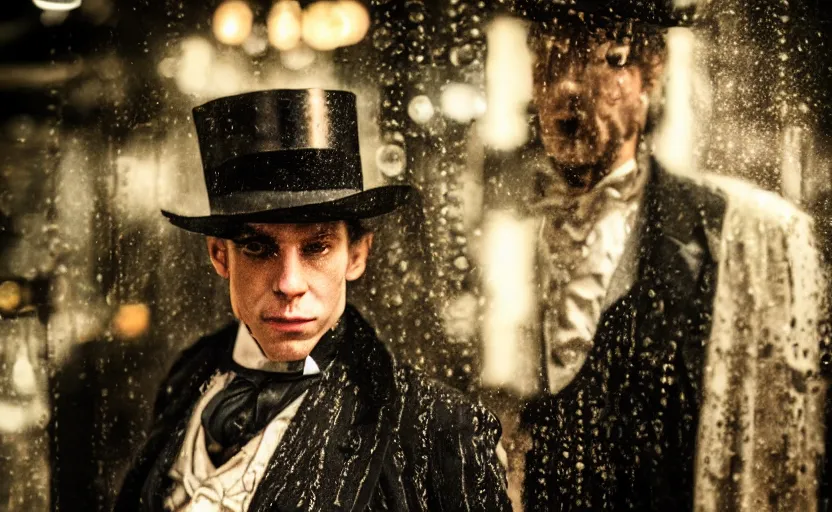 Image similar to cinestill 5 0 d candid photographic portrait by david cronenberg of baroque steampunk cyborg gentleman wearing an edwardian suit and top hat, modern cyberpunk moody emotional cinematic, closeup, pouring rain menacing lights shadows, 8 k, hd, high resolution, 3 5 mm, f / 3 2, ultra realistic faces, ex machina