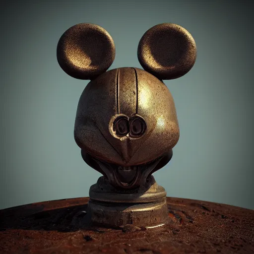 Prompt: 1 9 5 0 wartime mickey mouse head, automotive, fractal, leathery, wet, broken, melting, rococo, mycelium, baroque, sumerian, radiant alien, magic kingdom, octane render, high detail