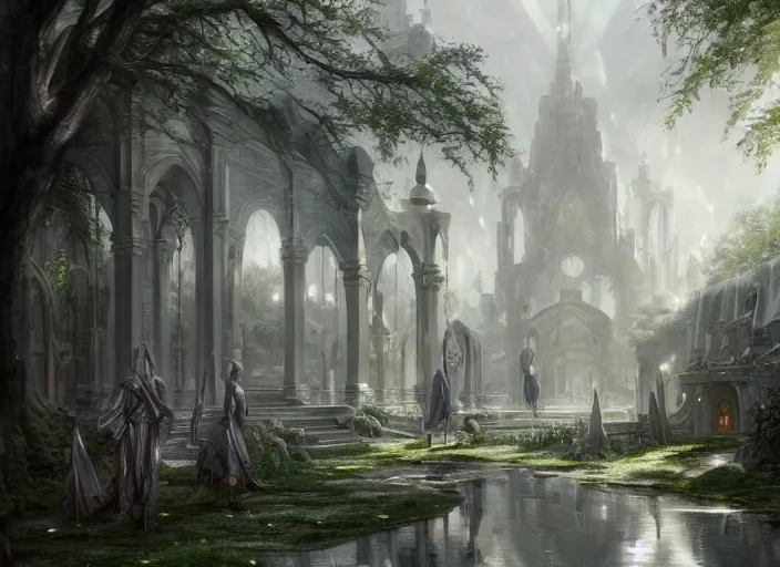 Prompt: Blacksmith building inside a beautiful elven city made of white marble, anime, lush trees, fountain, a fantasy digital painting by Greg Rutkowski and James Gurney, trending on Artstation, highly detailed