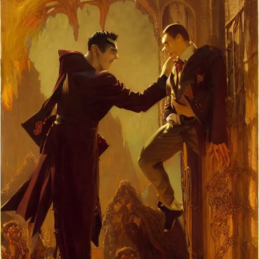 Image similar to attractive male, arthur pendragon confesses his love to attractive male dracula the vampire. highly detailed painting by gaston bussiere, craig mullins, j. c. leyendecker 8 k