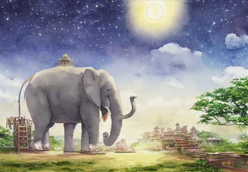 Image similar to a hyperrealist watercolor concept art from a studio ghibli film showing one giant grey elephant. a temple is under construction in the background in india on a misty and starry night. by studio ghibli. very dull muted colors