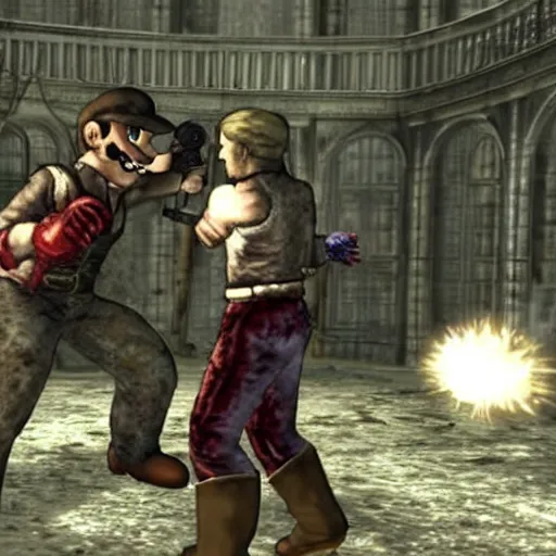 Image similar to super mario in resident evil 4 fighting zombies