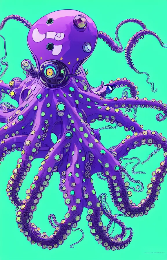 Image similar to robotic octopus by miyazaki, blue green purple color palette, illustration, kenneth blom, mental alchemy, james jean, pablo amaringo, naudline pierre, contemporary art, hyper detailed