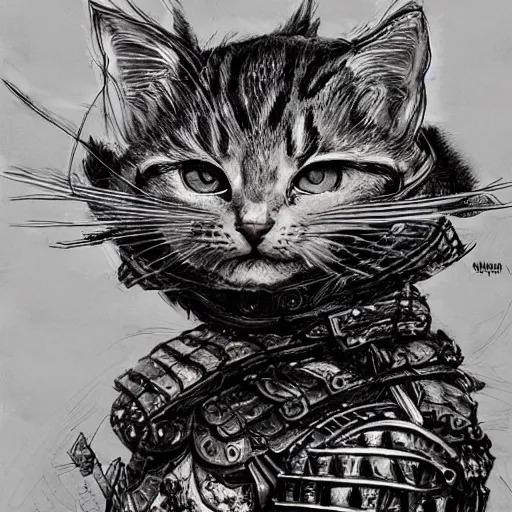 Prompt: Kitten with armor made of pizza, pen and ink, intricate line drawings, by Yoshitaka Amano, Ruan Jia, Kentaro Miura, Artgerm, detailed, trending on artstation, hd, masterpiece,