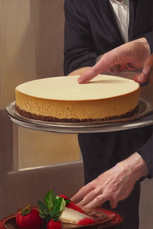 Prompt: man putting cheesecake in the fridge, oil on canvas, intricate, portrait, 8 k highly professionally detailed, hdr, cgsociety