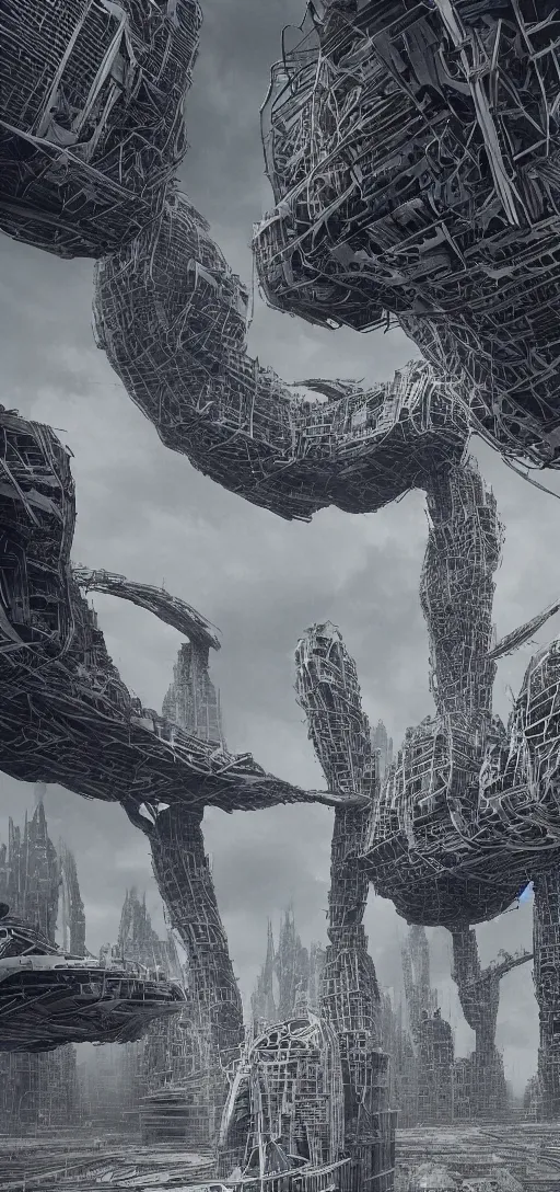 Prompt: moody landscape, exoplanet, abandoned alien megastructure designed by hr giger, towering skeletal temple skyscrapers, complex parametric architecture, peter gric, zaha hadid, post industrial, beksinski, kubrick, black clouds, octane render, cinematic,