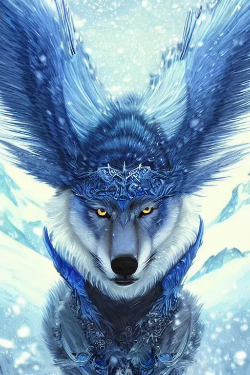 Image similar to blue wolf with wings, facing front, regal, elegant, winter, snow, beautiful, stunning, hd, illustration, epic, d & d, fantasy, intricate, elegant, highly detailed, digital painting, artstation, concept art, smooth, sharp focus, illustration, wallpaper, art by artgerm and greg rutkowski and alphonse mucha and jin xiaodi