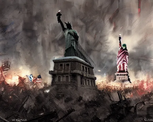 Image similar to giant Donald Trump punching the Statue of Liberty in Manhattan, post apocalyptic New York, craig mullins, dramatic lighting, very detailed