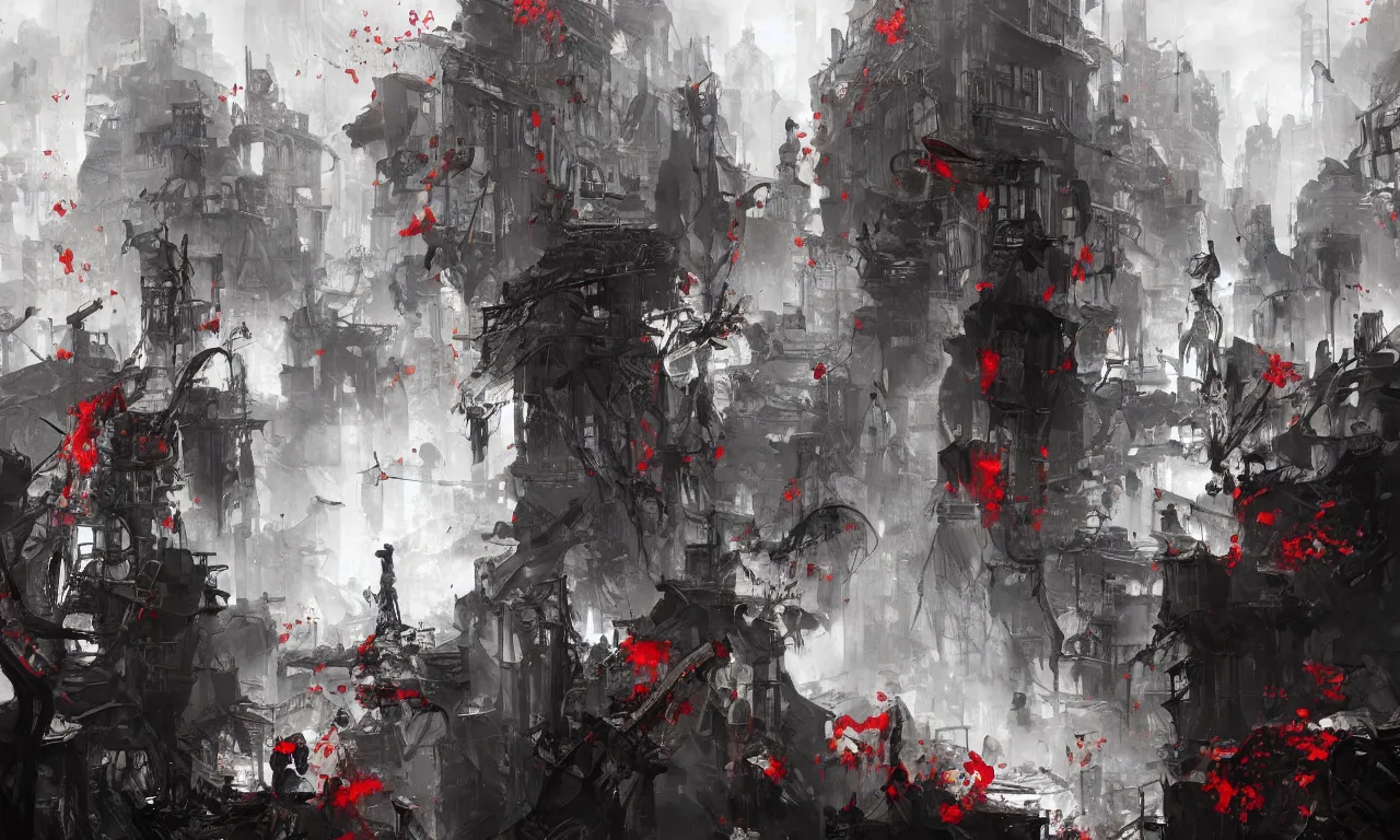 Prompt: highly detailed painting of whitechapel 1888, by Dustin Nguyen, Akihiko Yoshida, Greg Tocchini, Greg Rutkowski, Cliff Chiang, 4k resolution, nier:automata inspired, bravely default inspired, vibrant but dreary red, black and white color scheme!!!