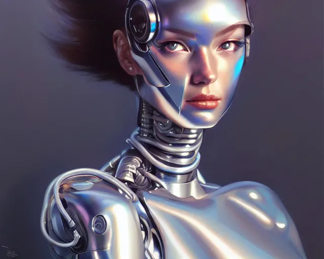 Image similar to a ultradetailed beautiful portrait painting of a stylish female cyborg, chrome plated, oil painting, by hajime sorayama, greg rutkowski and makoto shinkai, trending on artstation