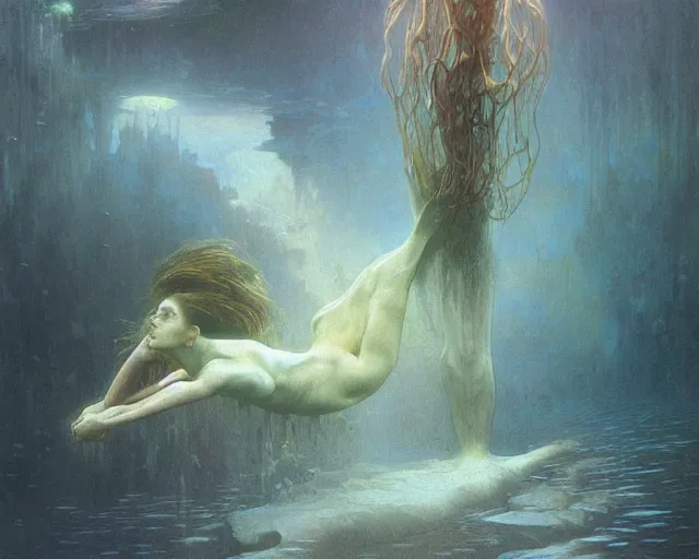 Image similar to falling in to eternity, underwater scene, painted by zdzislaw beksinski and artgerm and greg rutkowski and alphonse mucha and rene laloux